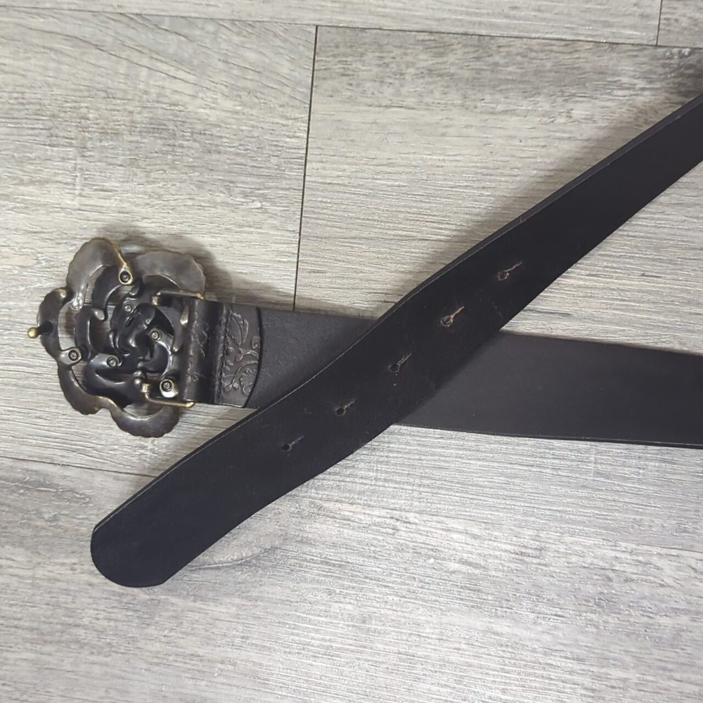 Vintage Fossil Rhinestone Rose Buckle Black Leather Belt - Picture 7 of 8